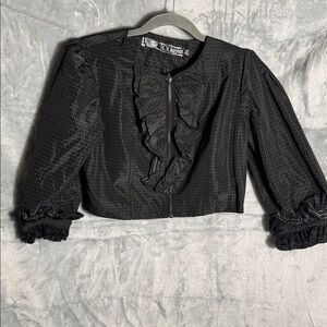 XXI Twist jacket cropped black Polka Dot womens M  ruffle details‎ whimsy goth